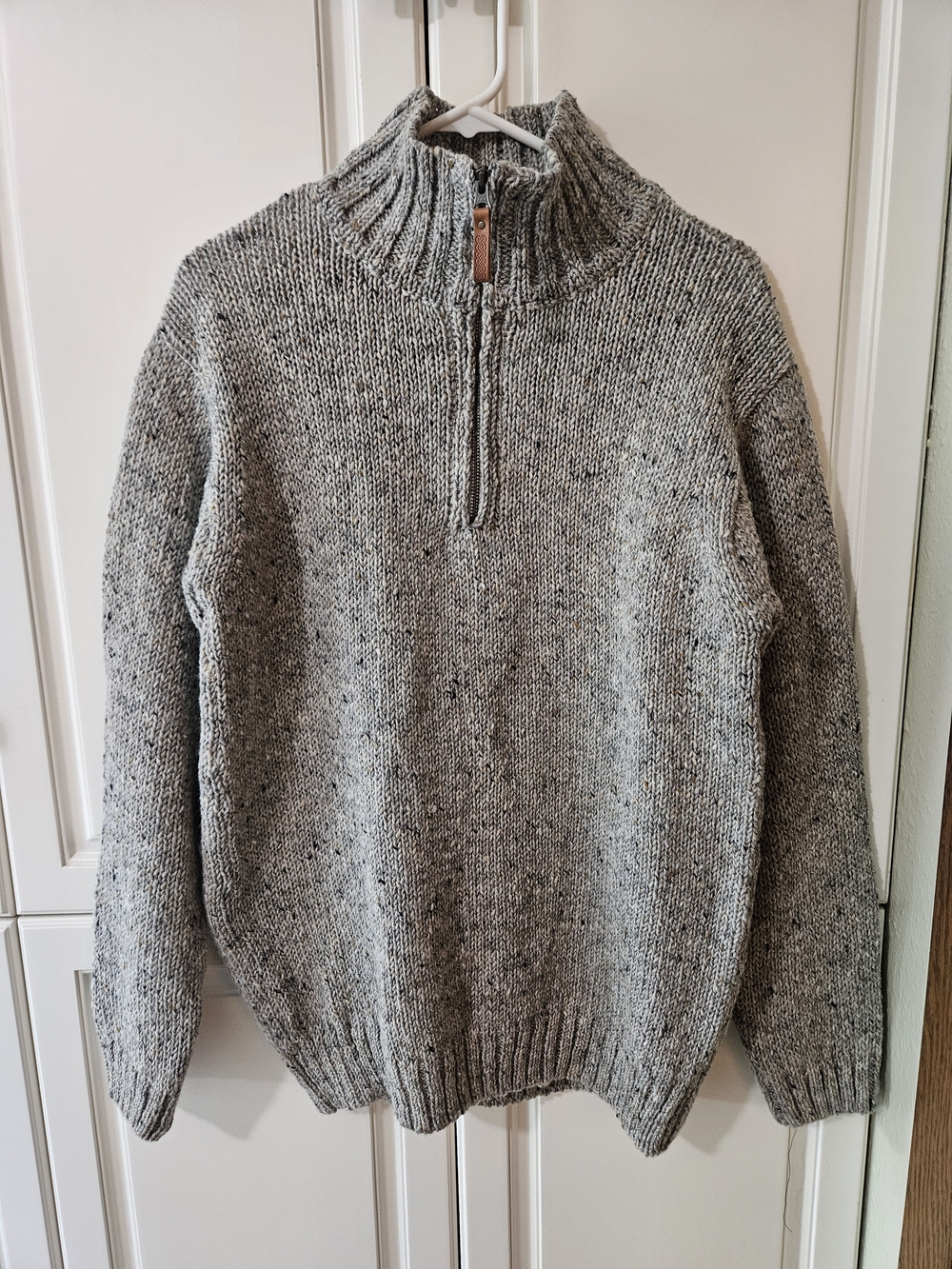 Aran Crafts 100% Wool Irish Gray Tweed Quarter Zip Knit Sweater Heritage Preppy